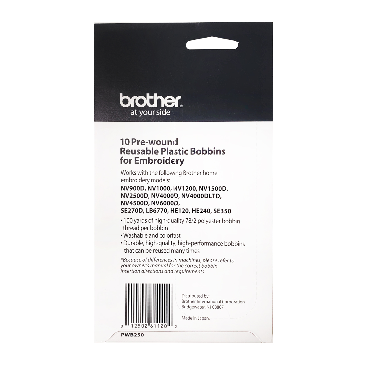 Brother PWB250 Pre-Wound Embroidery Bobbins - White - 10 Pack - Moore's  Sewing