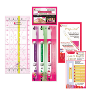 Guidelines4Quilting GL-FSQ-1 product image with guidelines ruler, seam allowance additions, prep-tool, and super easy seam guide setter