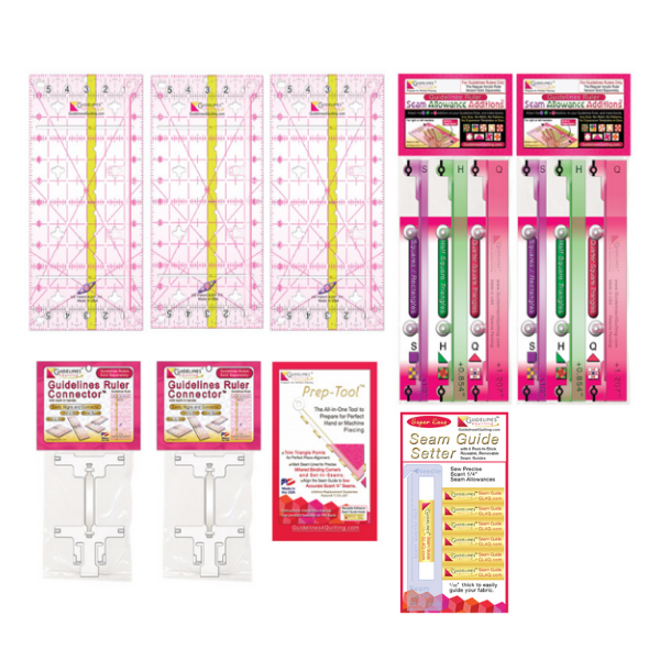 Guidelines4Quilting GL-FSQ-3 product image with guidelines ruler, guidelines ruller connectors, seam allowance additions, prep tool, and easy seam guide