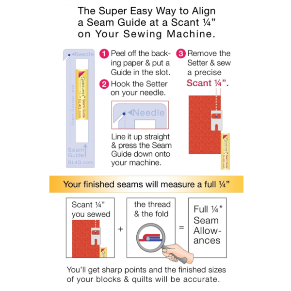Super Easy Seam Guide Setter (SE-SGS) Shows how to align a seam guide at a scant 1/4" on your own sewing machine