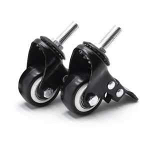 Two black mini casters scaled for sewing machines