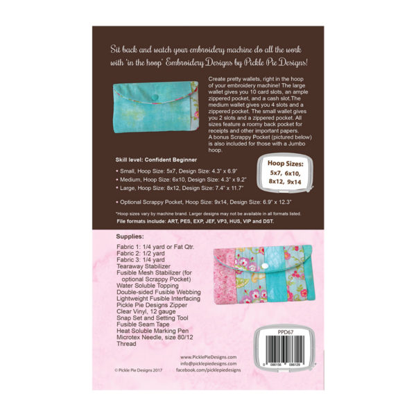 Pickle Pie Designs Wonderful Wallet in the hoop machine embroidery CD - back of packaging