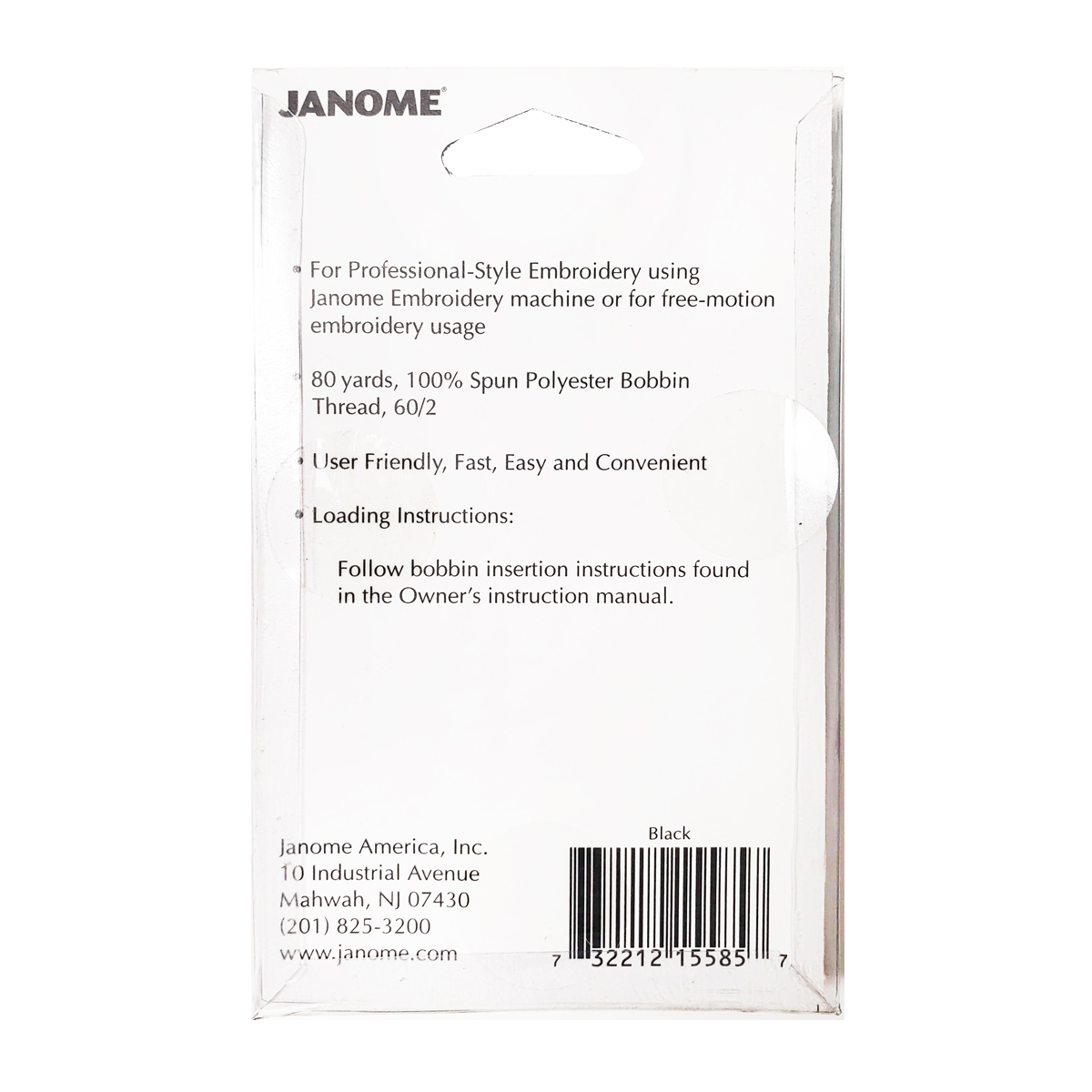 Janome 12 Pack Pre-Wound Plastic Bobbins Black Thread