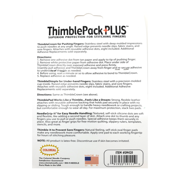 Colonial stick on ThimblePack Plus back of package
