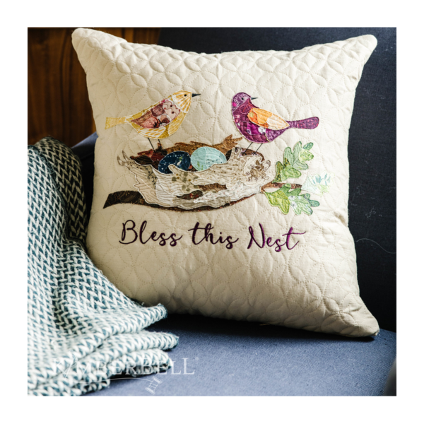 Kimberbell Emma's Collage Pillow with Bless This Nest embroidery and applique