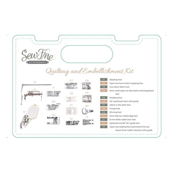 Sew Fine Quilting and Embellishment Kit list of feet (insert)