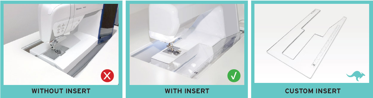 Shows machine fit into cabinet with and without insert and includes diagram of custom insert