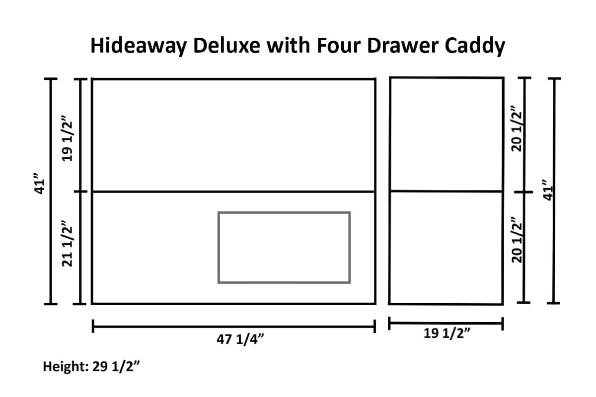 Diagram of dimensions of the Hideaway Deluxe Sewing cabinet with caddy