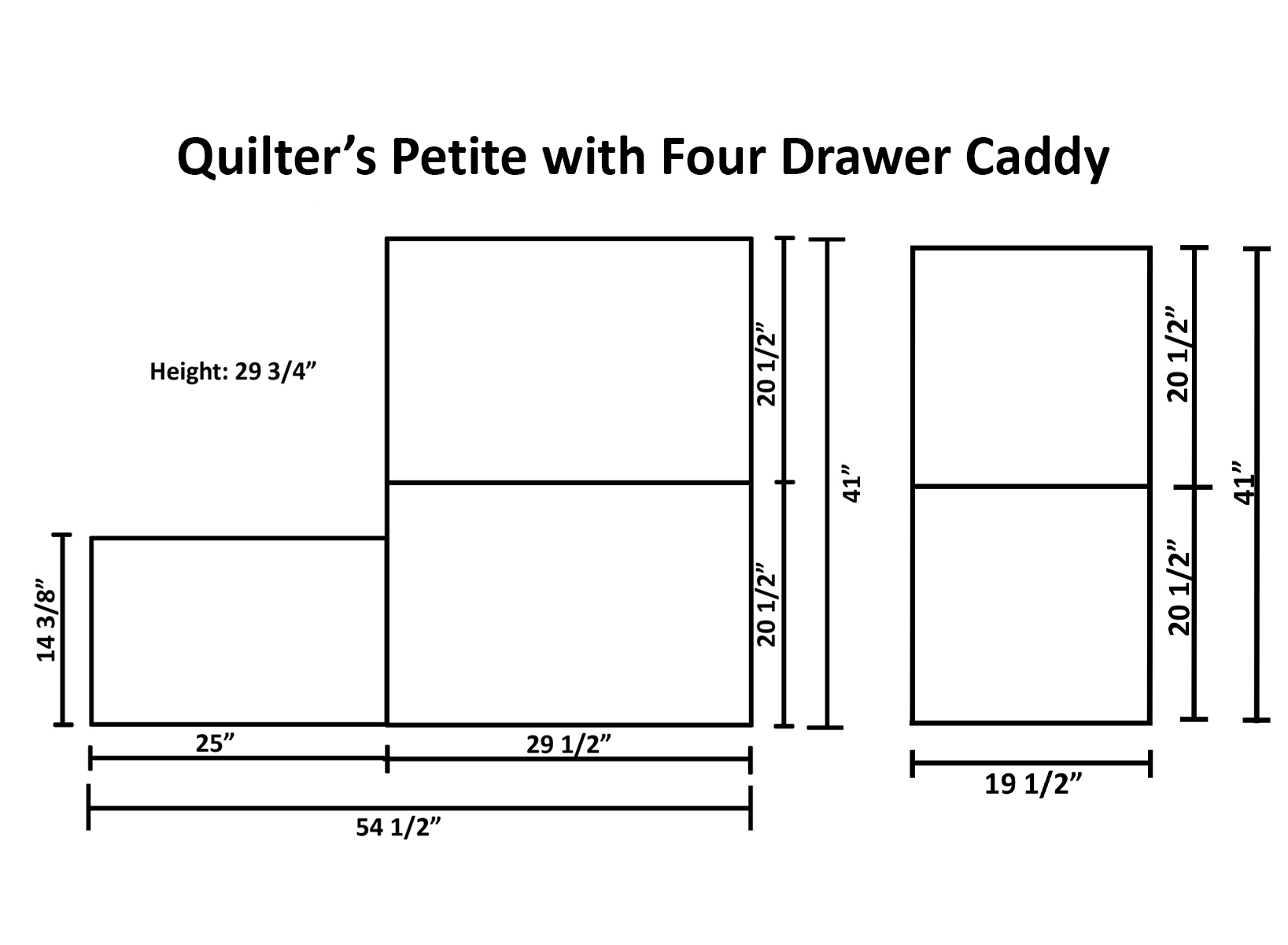 Diagram depicting dimensions of the SewFine Quilter's Petite with Caddy