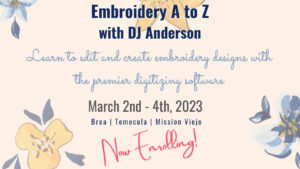 Embroidery A to Z with DJ Anderson event information card