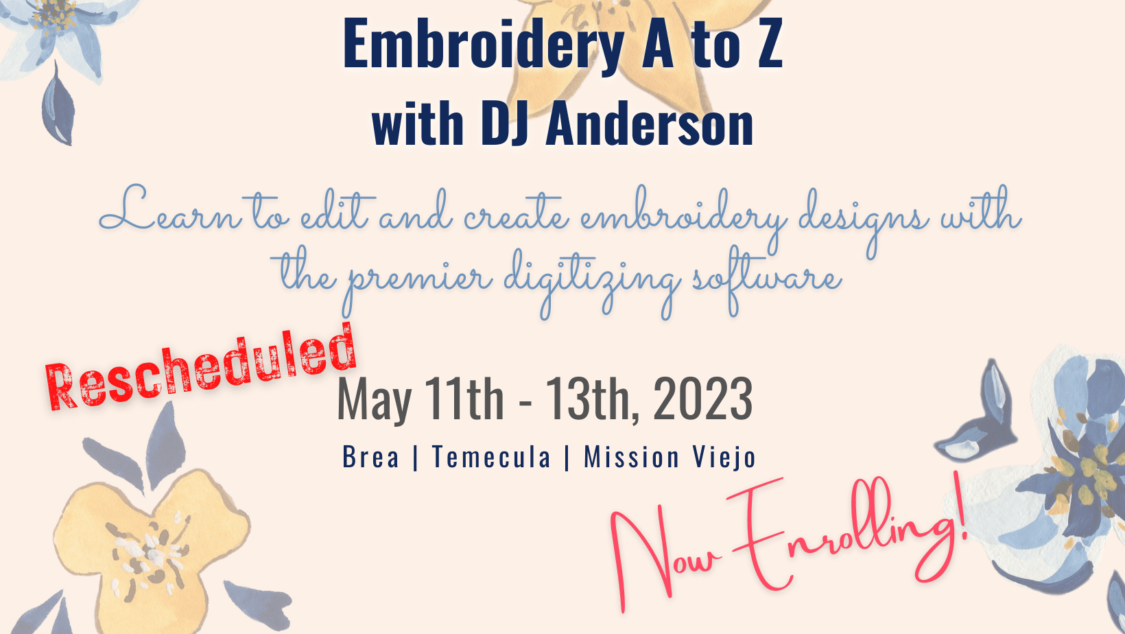 Embroidery A to Z Info Card with updated dates