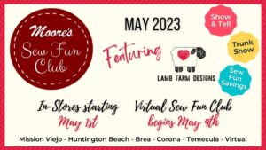 Sew Fun Club information card image for May 2023 featuring Lamb Farm Designs