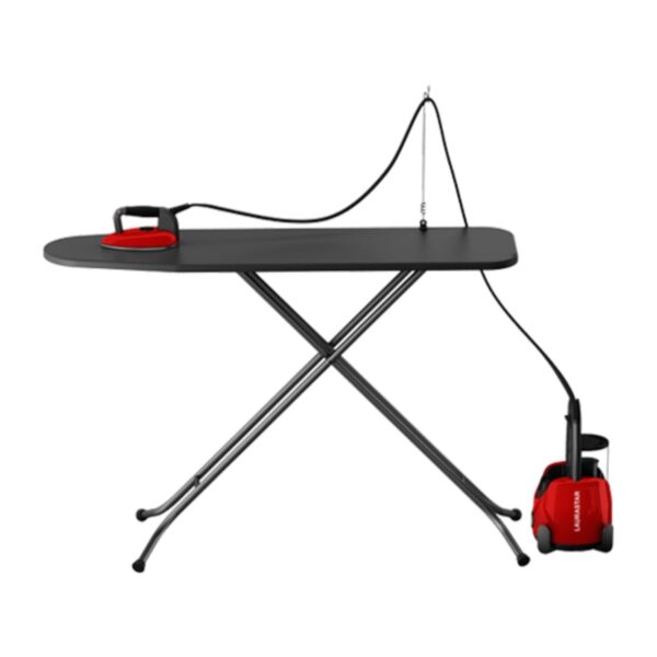 LauraStar Lift in Original Red iron and steamer on ironing board
