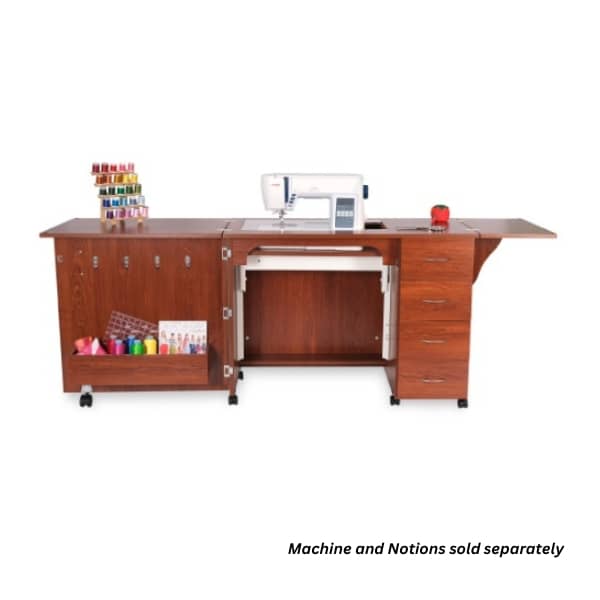 Arrow Harriet sewing cabinet open in teak finish with machine and notions