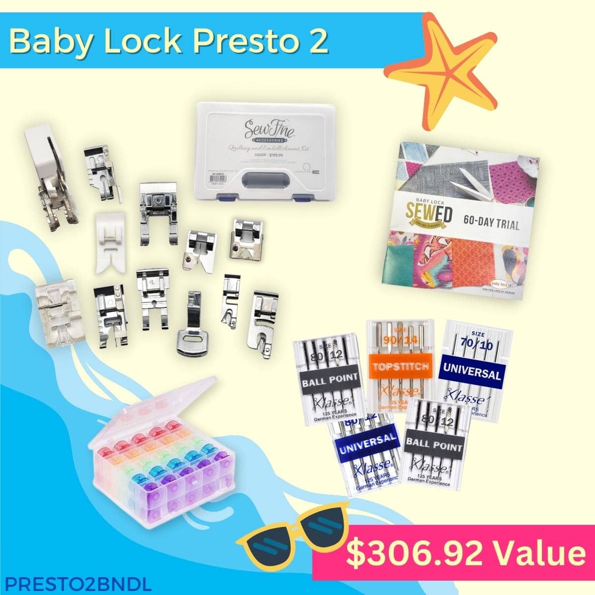 Baby Lock Presto 2 Sewing Machine Features 100 builtin stitches