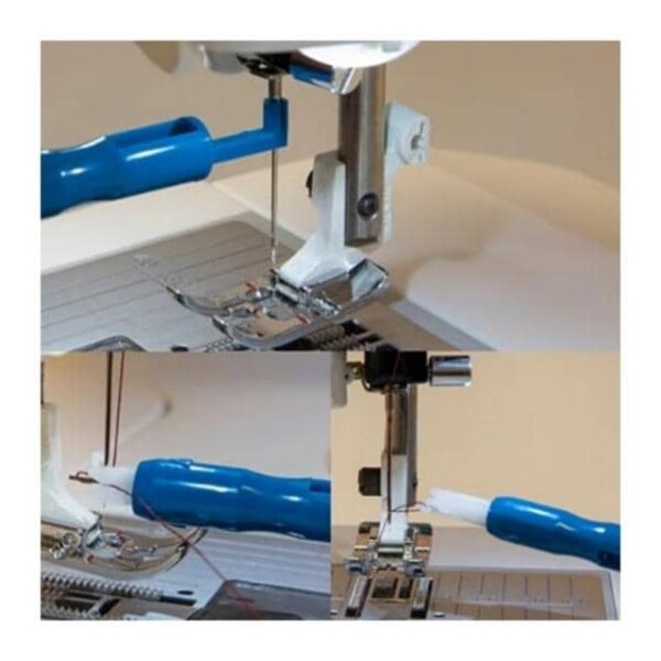 Dritz Machine Needle Threader collage of how to use this tool