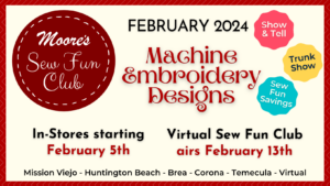 Info card for February Sew Fun Club featuring Machine Embroidery Designs