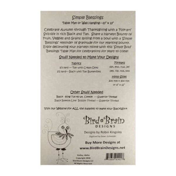 Bird Brain Designs Simple Blessings machine embroidery pattern requirements