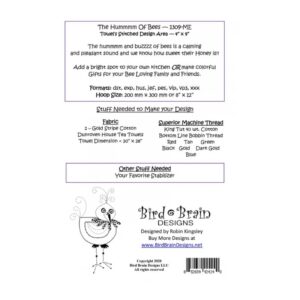 Bird Brain Designs The Hummmmm of Bees machine embroidery pattern requirements