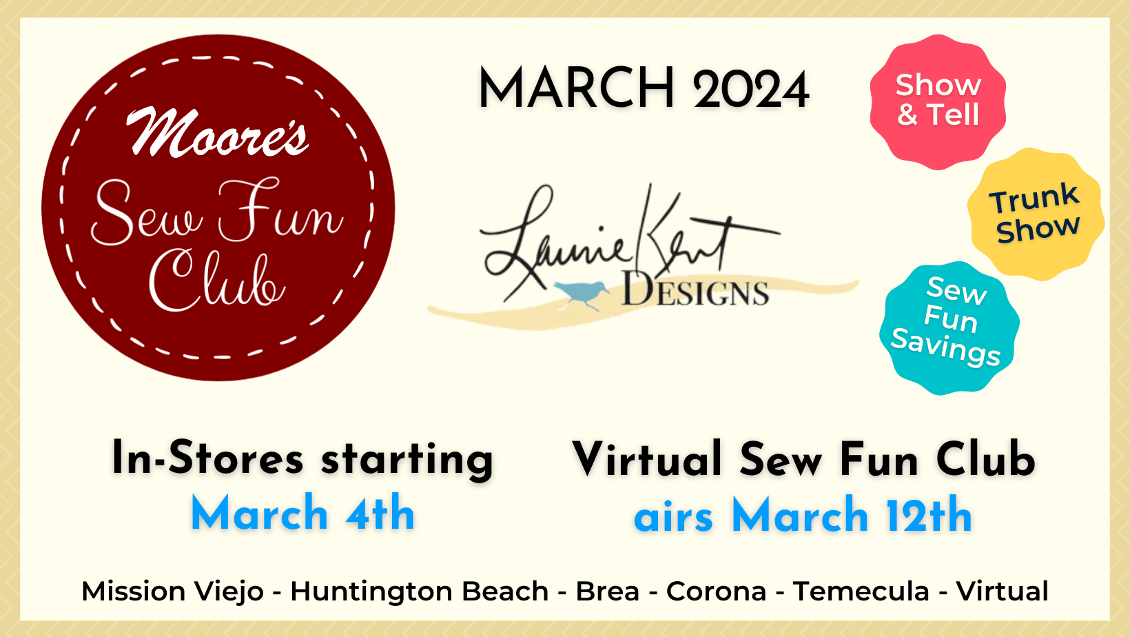 Sew Fun Club info card for March 2024 featuring Laurie Kent Designs