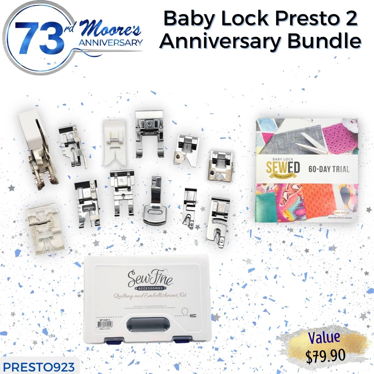 Baby Lock Presto 2 Sewing Machine Features 100 builtin stitches