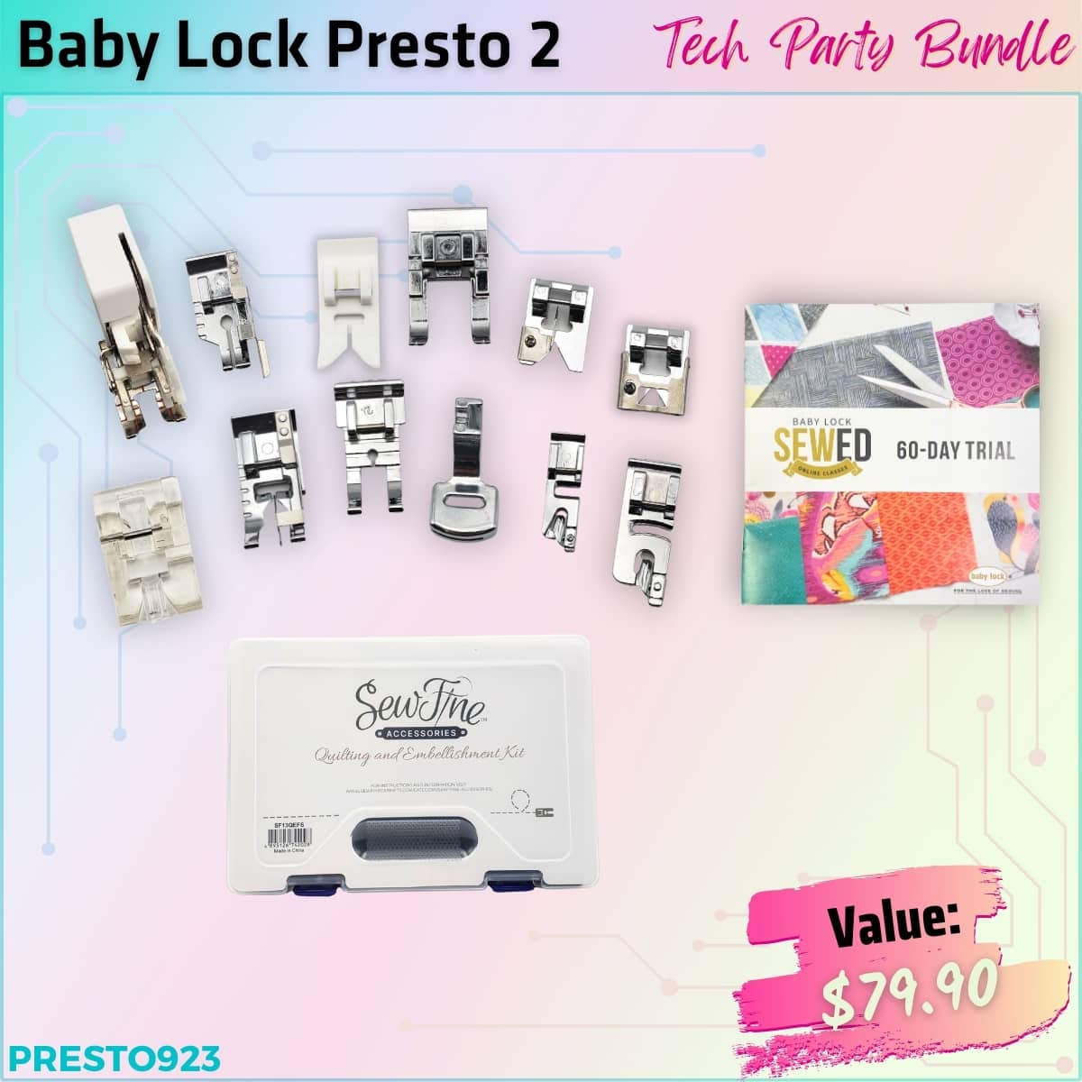 Baby Lock Presto 2 Sewing Machine Features 100 builtin stitches