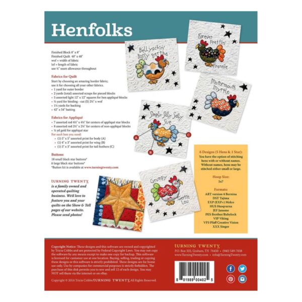 Turning Twenty Henfolks Embroidery Designs pattern details