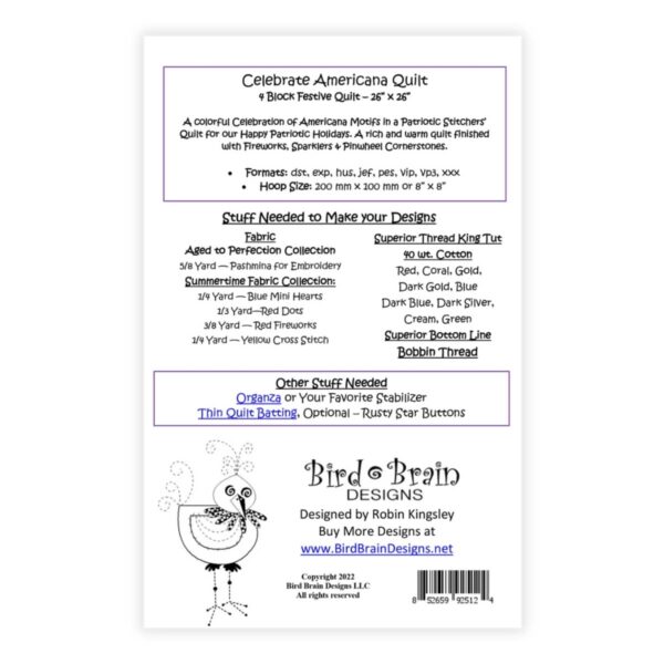 Birdbrain Designs Celebrate America Machine Embroidery Pattern design details