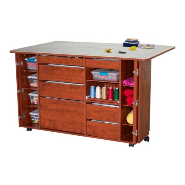 Horn Model 7600 angled view of open cabinet in Sunset Maple finish