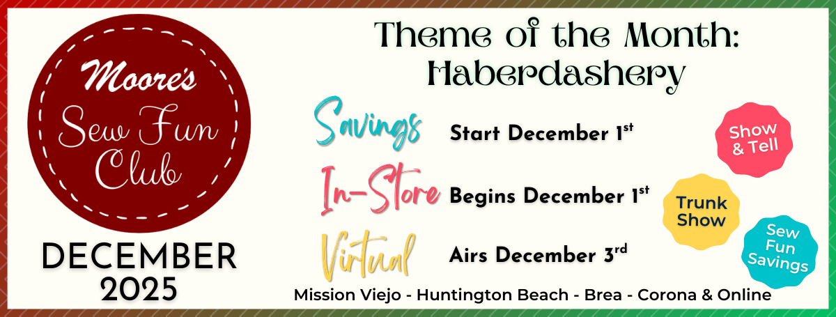 Sew Fun Club banner for December 2025 announcing dates and theme