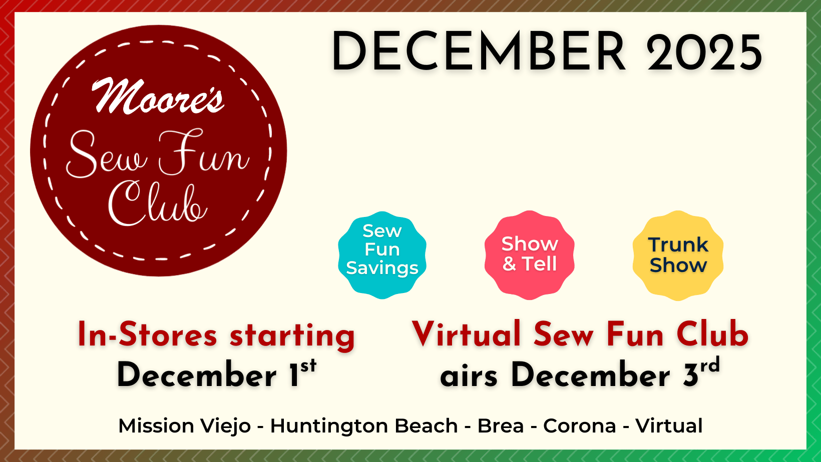 Sew Fun Club info card for December 2025 announcing dates and theme