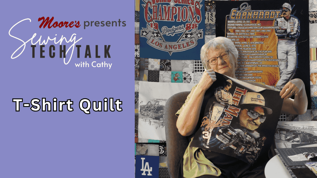 Info card for Sewing Tech Talk vlog T-Shirt Quilts