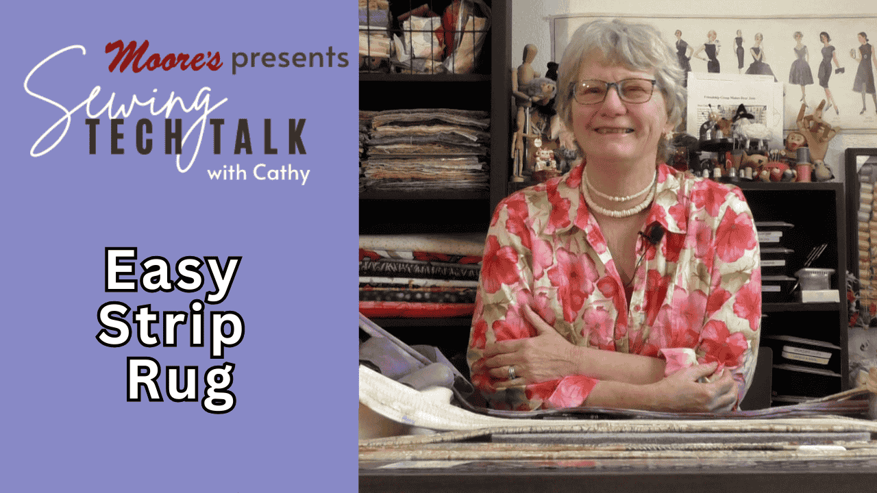 Info card for Sewing Tech Talk vlog Easy Strip Rug